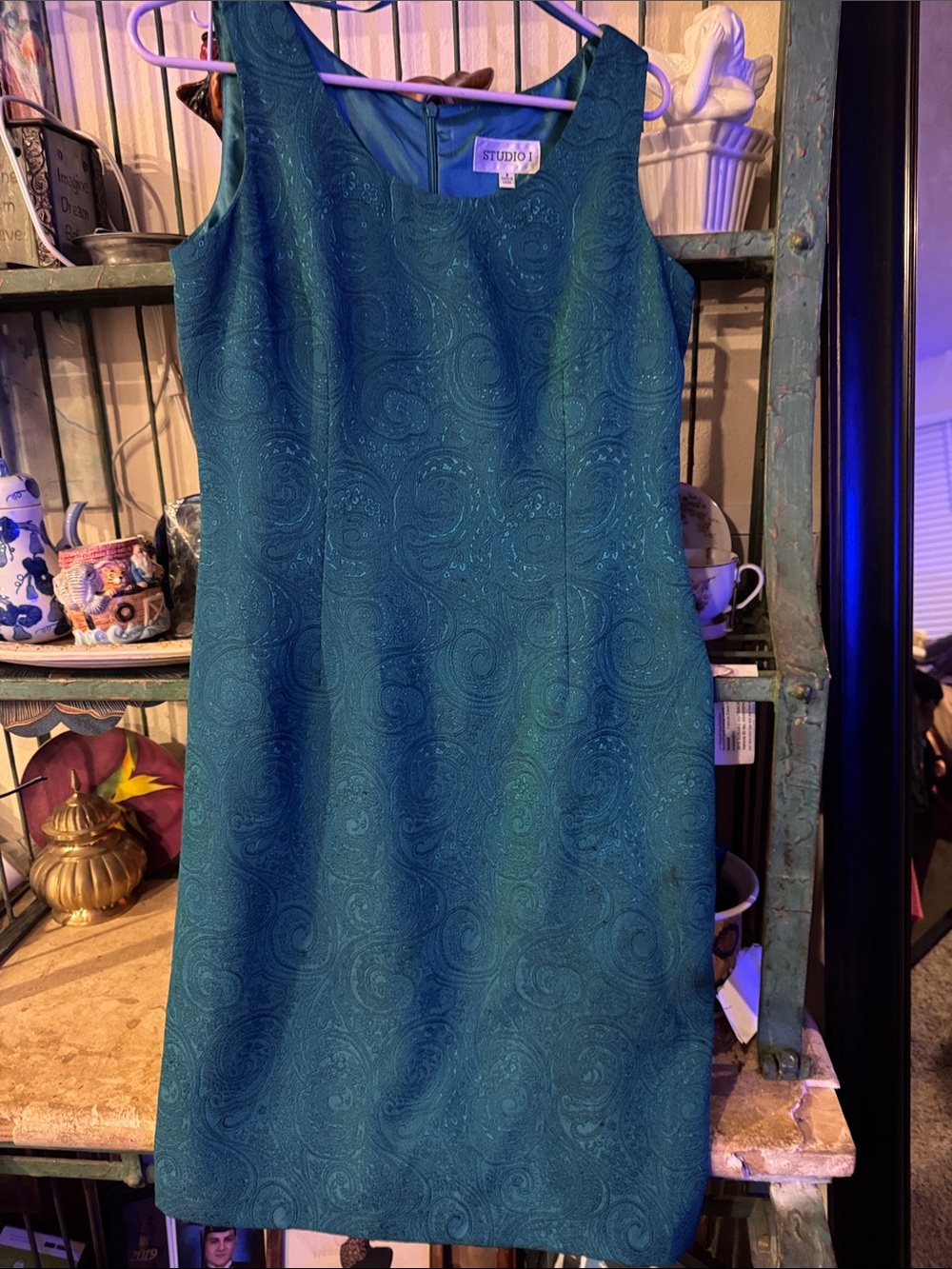 Studio I Teal Sleeveless Jacquard Scoop Neck Dress